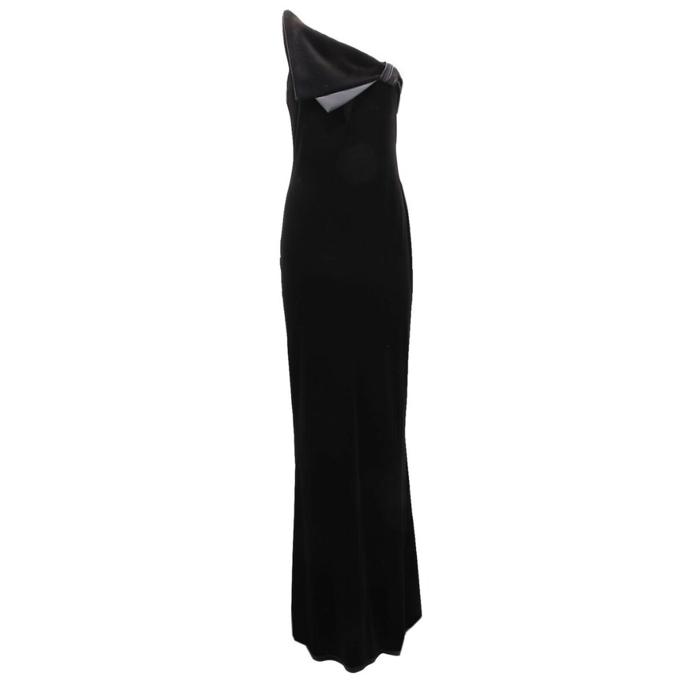 EMPORIO ARMANI One shoulder black velvet fitted gown